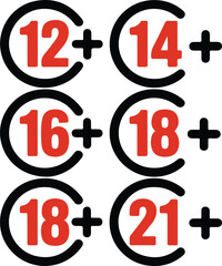 Age Restriction Icons 12+, 14+, 16+, 18+, 21+ Vector Illustration