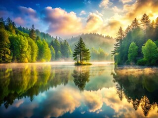 Obraz premium Serene Lake in Untouched Nature: Double Exposure Photography