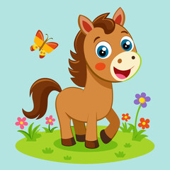 Obraz premium Cute Brown Pony in a Flower Meadow with Butterfly