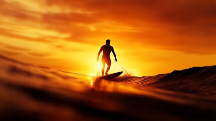 Surfer is riding a wave at sunset with the sun shining brightly behind him in a golden sky.