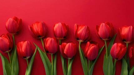 Obraz premium Red tulip flower background. Floral wallpaper, banner. February 14, valentine's day, love, 8 march international women's day theme.