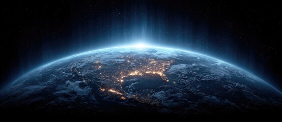 Earth at Night with Rising Sun and City Lights