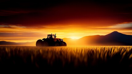Fototapeta premium Tractor stands in a golden wheat field under a dramatic sunset with distant mountains, creating a stunning silhouette.