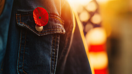 A red poppy on denim honors Memorial Day, with a flag softly behind, bathed in golden light. Remembrance and patriotism in a simple symbol.