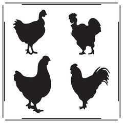 Chicken and Rooster Silhouettes – Vector Illustration of Farm Birds Isolated on White Background – Black Poultry Shapes for Agriculture, Barnyard, Rustic Decor, and Design Themes.

