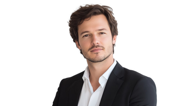 Portrait of a professional, young handsome businessman holding a tablet, isolated on white background, half body shot, relaxed