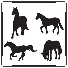 Horse Silhouettes Collection – Vector Illustration of Standing, Walking, Grazing, and Running Horses – Black Animal Shapes for Farm, Western, Wildlife, and Design Concepts.