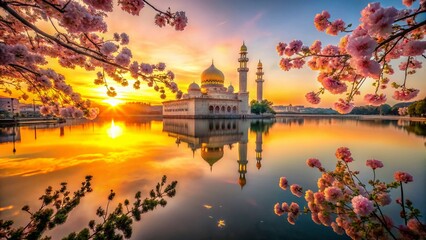 Fototapeta premium Serene Sunset Mosque Reflection: Pink Trees & Tranquil Waters