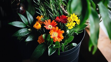 Vibrant flower arrangement in a dark planter.