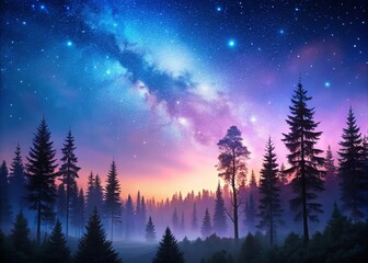 Fototapeta premium Serene Twilight Forest Silhouette: Starry Night Sky, Violet & Blue Dusk