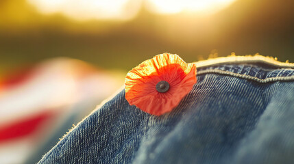 A red poppy on denim honors Memorial Day, with a flag softly behind, bathed in golden light. Remembrance and patriotism in a simple symbol.