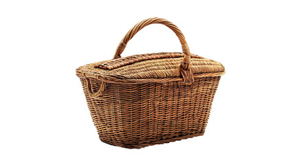 An empty brown wicker basket, a handmade woven container, isolated on transparent background. PNG