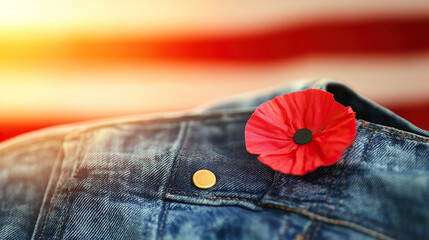 A red poppy on denim honors Memorial Day, with a flag softly behind, bathed in golden light. Remembrance and patriotism in a simple symbol.
