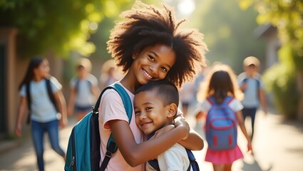 Fototapeta premium Back to school african american children hugging sibling love elementary school students friendship education