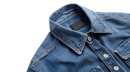 Blue denim jeans outfit showing neck collar and texture as casual fashion wear, isolated on transparent background. PNG