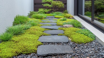 Obraz premium Tranquil japanese moss garden pathway outdoor zen space stone walkway minimalist design serene environment