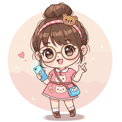Cute Chibi Girl with Glasses and Bear Headband Holding Smartphone