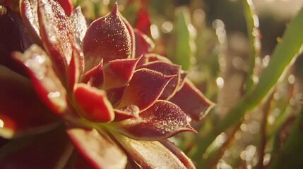Closeup Dewy Red Succulent Plant Sunlight