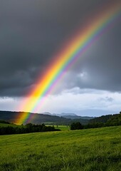 A vibrant rainbow arches gracefully over a verdant landscape, a picturesque sight of nature's artistry. The rainbow, a symbol of hope and beauty, connects the sky with the earth.