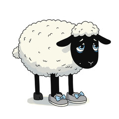 Sad Cartoon Sheep with Black Face Wearing Shoes with Blue Bows