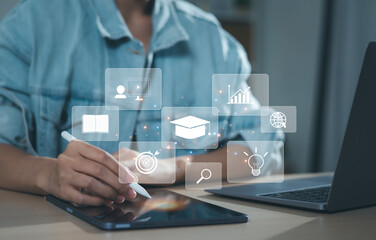E-learning, online education training concept.Internet Computer Technology, Online Education, Education, Training, Courses, Home Learning Knowledge