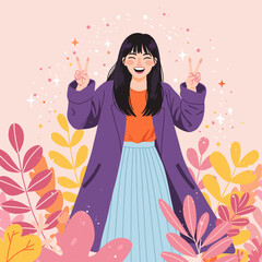 Obraz premium Happy Young Woman in Purple Coat Making Peace Signs - Colorful