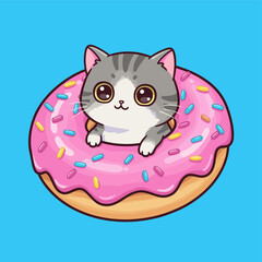 Cute Tabby Kitten Peeking from Pink Frosted Donut with Sprinkles