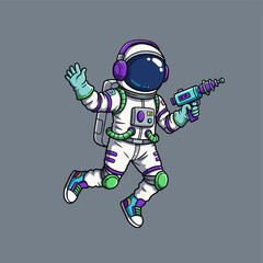 Waving Cartoon Astronaut with Ray Gun Floating in Spacesuit
