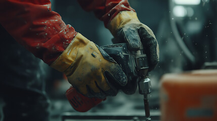 Close-up of Hands in Gloves Using a Drill