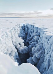 A frozen landscape with an icy crevasse, showing nature's raw power and breathtaking beauty