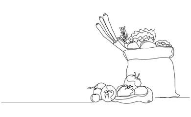 Continuous line sketch drawing of shopping grocery paper bag full of fresh fruit and vegetable. One line drawing of healthy food lifestyle. Vector illustration editable stroke