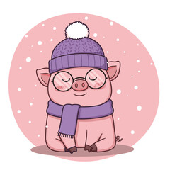 Cute Cartoon Pig in Winter Hat, Scarf, and Glasses with Snow