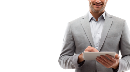 Portrait of a professional, young handsome businessman holding a tablet, isolated on white background, half body shot, relaxed