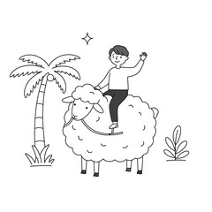 Boy Waving While Riding Sheep with Palm Tree - Line Art Page