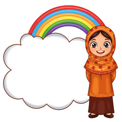 Muslim Girl in Orange Hijab Standing by Blank Cloud with Rainbow