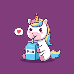 Cute Unicorn with Rainbow Mane Drinking Milk from Carton