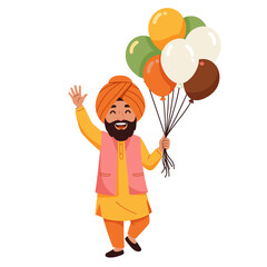 Waving Indian Man in Turban Holding Balloons for Celebration