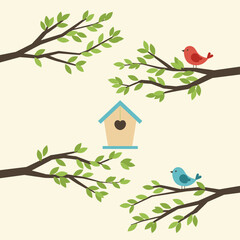Birds on Branches with Heart-Shaped Birdhouse - Flat Design