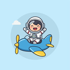 Cute Chibi Astronaut Happily Flying Small Blue Airplane