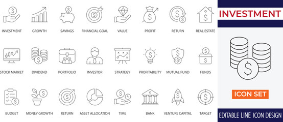 A clean and modern investment line icon set featuring financial growth, savings, real estate, stock market, and budget planning elements.