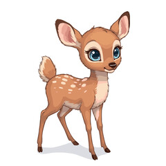 Cute Cartoon Baby Deer Fawn with Blue Eyes Standing Isolated