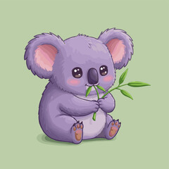 Cute Fluffy Purple Koala Character Eating Eucalyptus Leaves