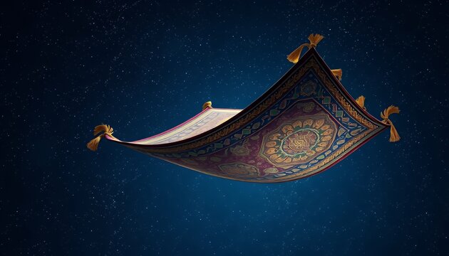 Isometric 3D Magic Carpet Flying with Gold Tassels on Starry Night Isolated on Green Screen