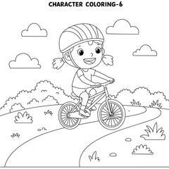 Girl Riding Bicycle on Path - Line Art Coloring Page Character 6