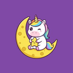 Cute Winking Unicorn Sitting on Moon Holding Star Character