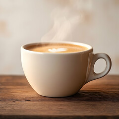 Hot latte in white cup on wooden table