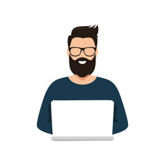Smiling Bearded Man Working on Laptop