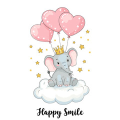 Cute Baby Elephant with Crown and Heart Balloons on Cloud