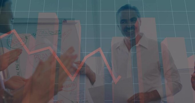 Businessman presenting papers in conference room, showing animated bar and line graph overlay