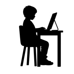 Silhouette of Child Attending Online Class on White Background, E-Learning Concept